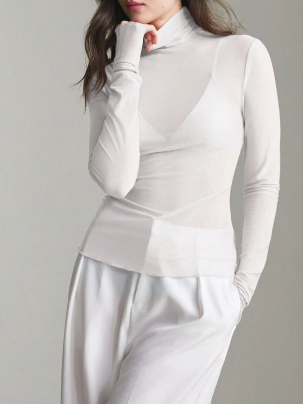 White Mesh Sheer Funnel Neck Long Sleeve T-Shirt